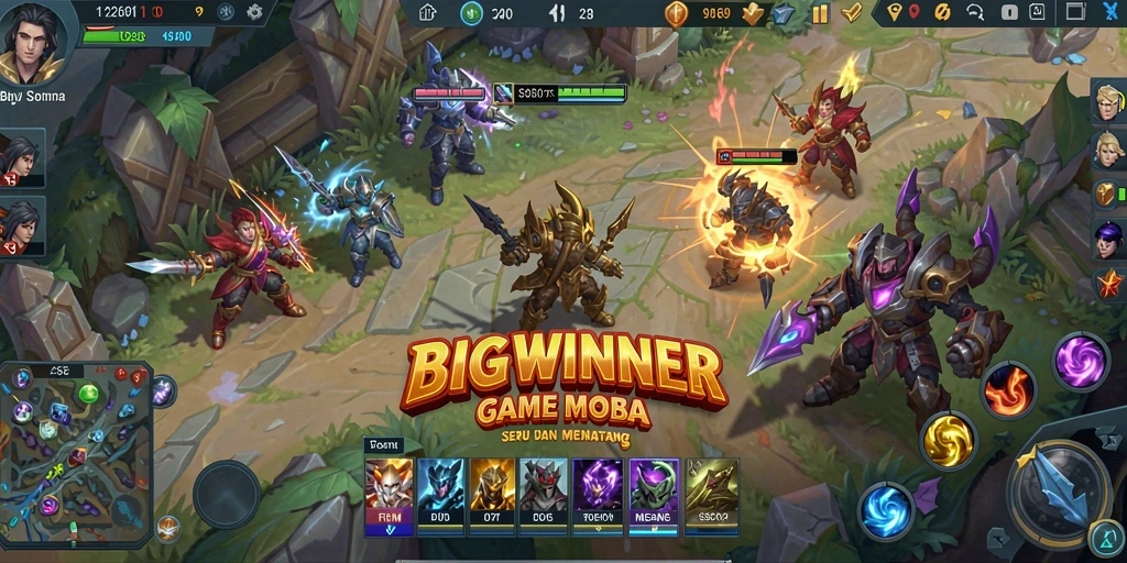 Screenshot BIGWINNER menampilkan aksi pertempuran epik di arena MOBA.