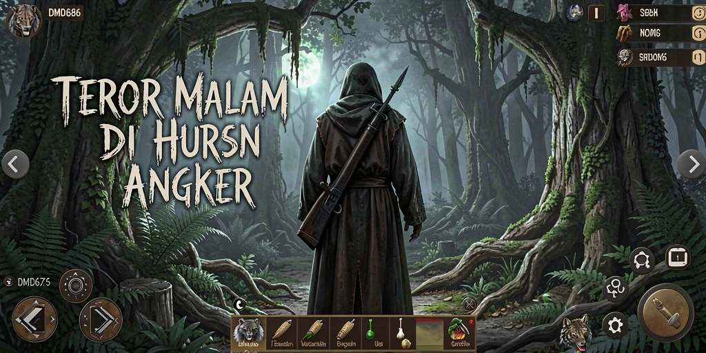 Screenshot gameplay DMD686 menampilkan suasana mencekam hutan angker.