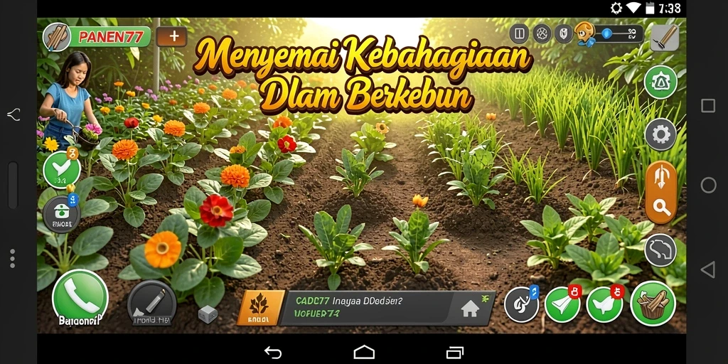 Tangkapan layar gameplay menunjukkan kebun yang subur dan aktivitas berkebun.