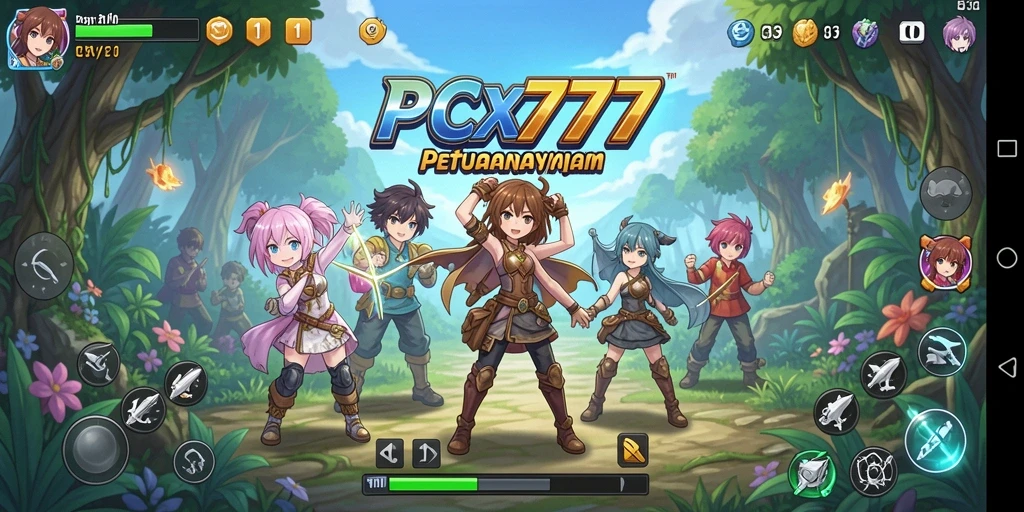 Tampilan gameplay PCX777 yang penuh warna dan karakter anime.