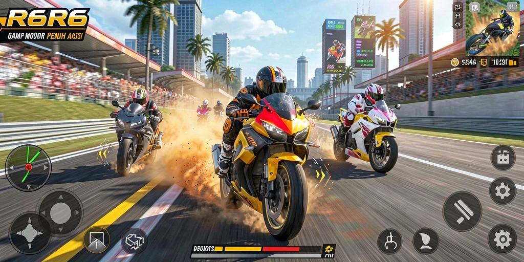 Screenshot R6R6 menampilkan aksi balap motor yang menegangkan di lintasan.