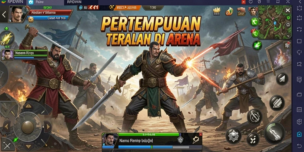 Tangkapan layar RPIDWIN menampilkan aksi pertempuran seru di arena luas.