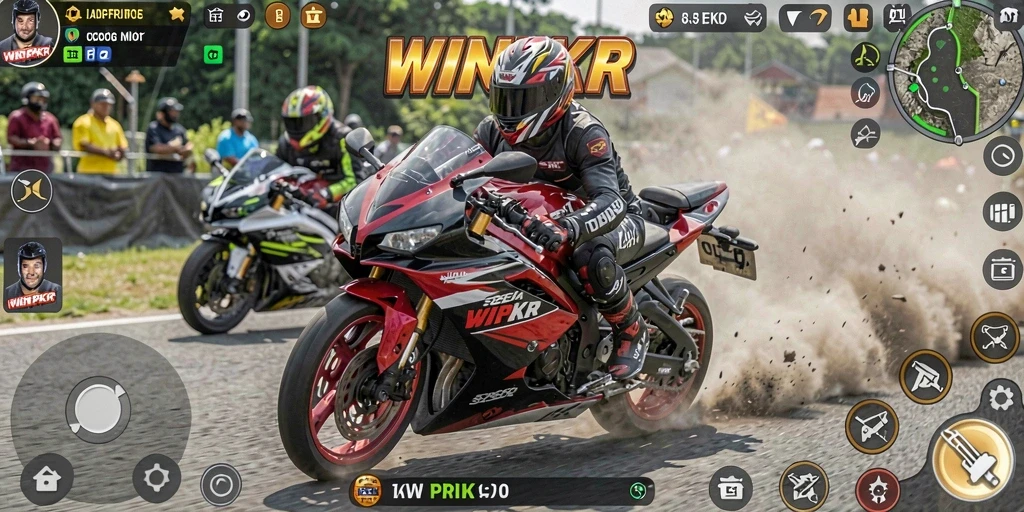 Tampilan gameplay balapan motor di WINPKR yang mendebarkan.