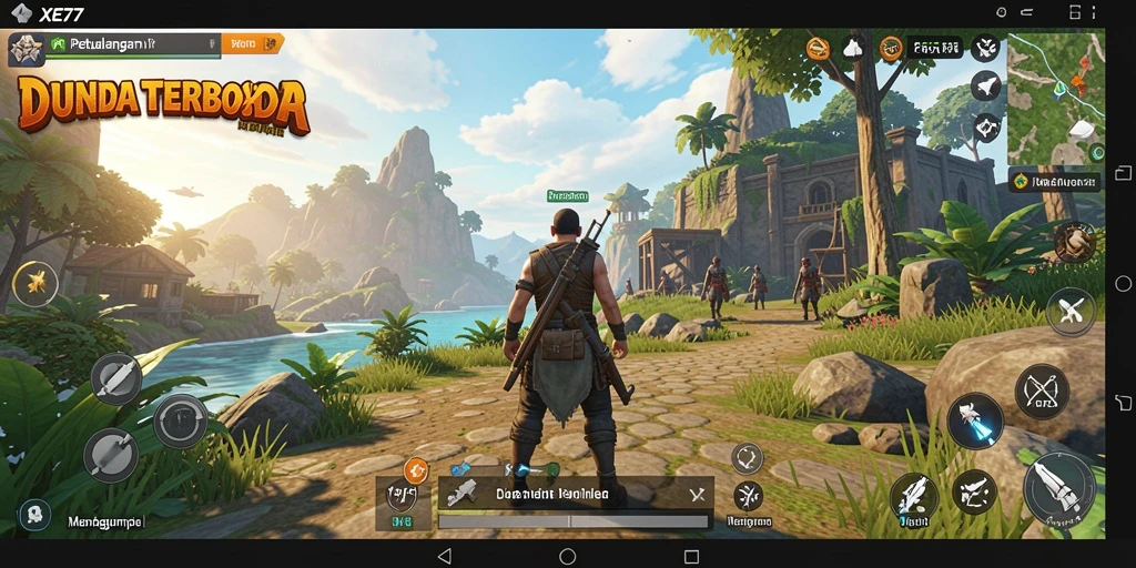 Tampilan gameplay XE77 dalam dunia terbuka yang luas.